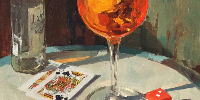 Ai提示词_一幅描绘Aperol spritz、扑克牌和骰子的油画，风格类似Fairfield Porter缩略图