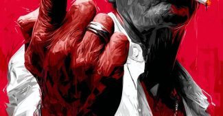 Ai提示词_安东尼·波登的中指图像，采用夸张的漫画风格，红黑白三色缩略图