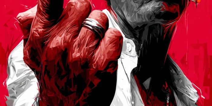 Ai提示词_安东尼·波登的中指图像，采用夸张的漫画风格，红黑白三色缩略图