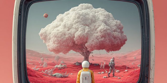 Ai提示词_一个人站在旧电视前，屏幕内是红色沙漠和悬浮的宇航员缩略图
