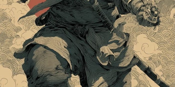 Ai提示词_黑色主题忍者全身插图，背景为日式图案，风格结合动漫与涂鸦艺术缩略图