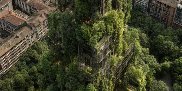 Ai提示词_新型城市生物塔采用生物材料建造，外观如同高耸的森林，并具有半透明的结构缩略图