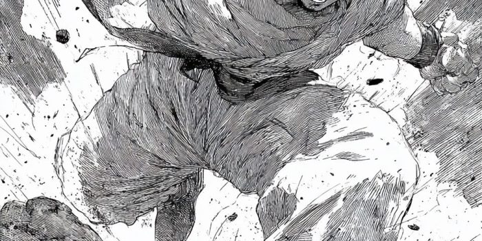 Ai提示词_强大的赛亚战士在动态漫画风格的黑白插图中展现缩略图