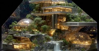 Ai提示词_一个未来派的建筑坐落在山顶，上面覆盖着垂直花园和闪闪发光的水流缩略图