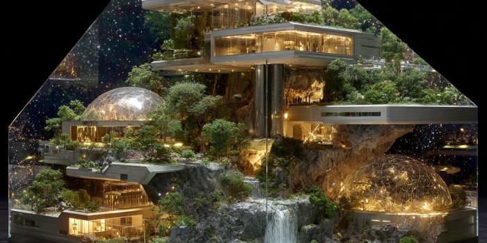 Ai提示词_一个未来派的建筑坐落在山顶，上面覆盖着垂直花园和闪闪发光的水流缩略图