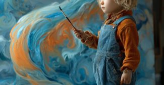 Ai提示词_一个小孩穿着画家服，手持画笔，正在梦幻艺术工作室中绘制一条梦幻的蓝橙色水彩龙，旁边坐着一个小画的生物缩略图