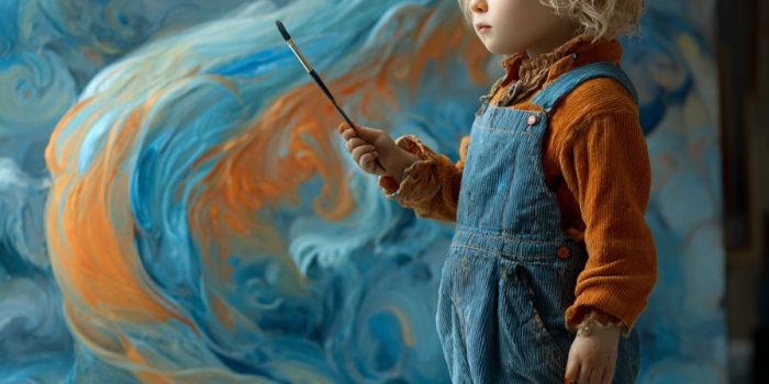 Ai提示词_一个小孩穿着画家服，手持画笔，正在梦幻艺术工作室中绘制一条梦幻的蓝橙色水彩龙，旁边坐着一个小画的生物缩略图