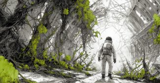 Ai提示词_宇航员在被外星藤蔓侵占的衰败巨构中行走缩略图