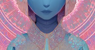 Ai提示词_美丽的外星女神，蓝色杏仁形眼睛，戴水晶皇冠，背景为梦幻的粉色光线缩略图