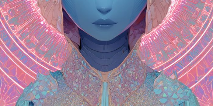 Ai提示词_美丽的外星女神，蓝色杏仁形眼睛，戴水晶皇冠，背景为梦幻的粉色光线缩略图