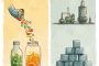 Ai提示词_插图儿童书双页展示，展示塑料、玻璃、金属的简单清晰教育过程缩略图