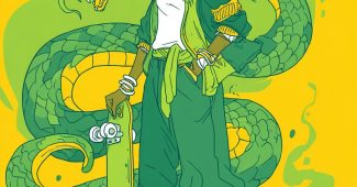 Ai提示词_非洲蛇女穿着街头 服饰，手持 滑板，表情愤怒，背景色彩鲜明 野生动植物缩略图